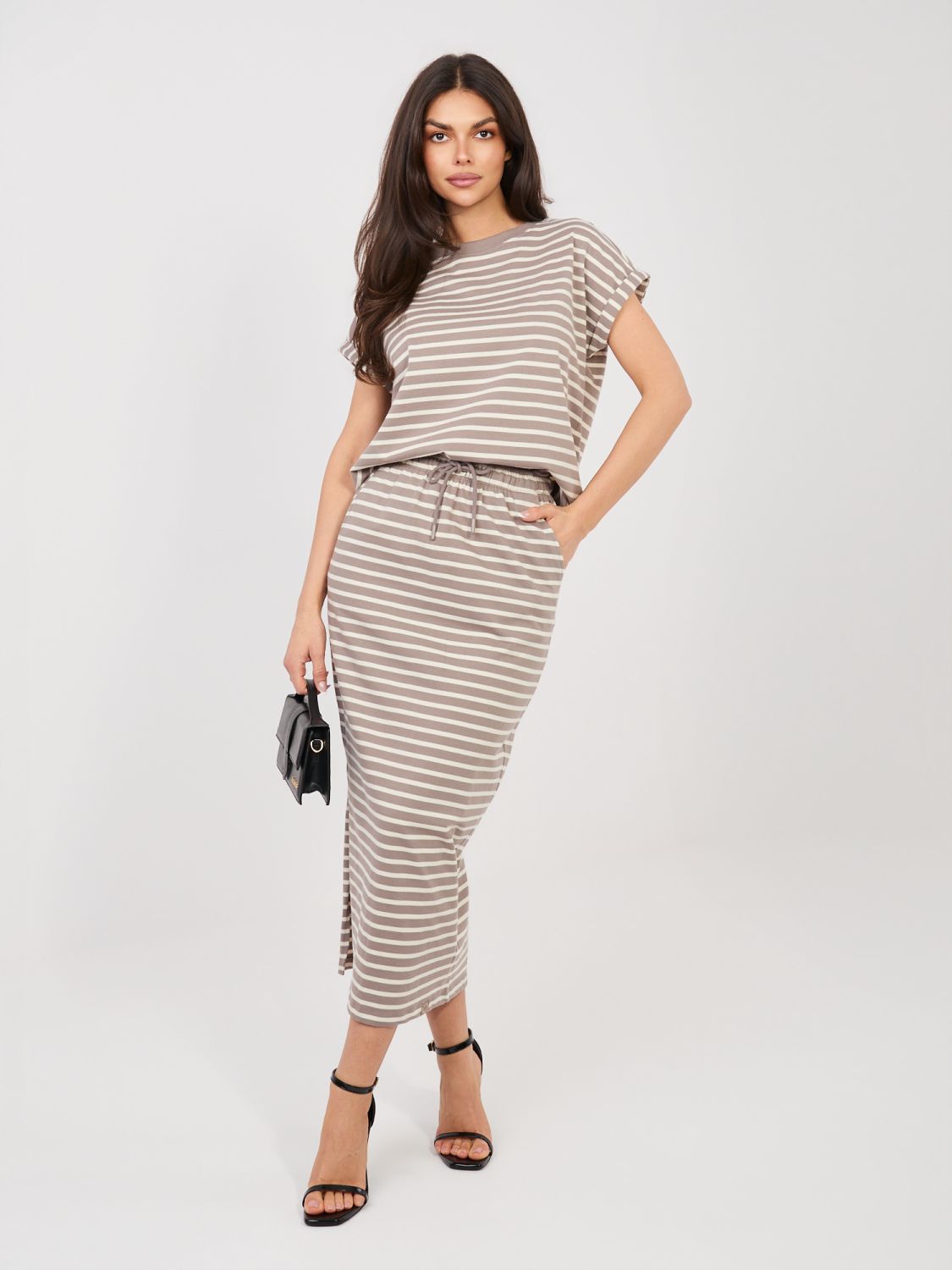 Béžová midi sukně s proužky a kapsami