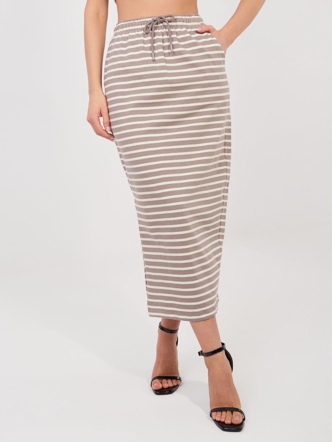 Béžová midi sukně s proužky a kapsami