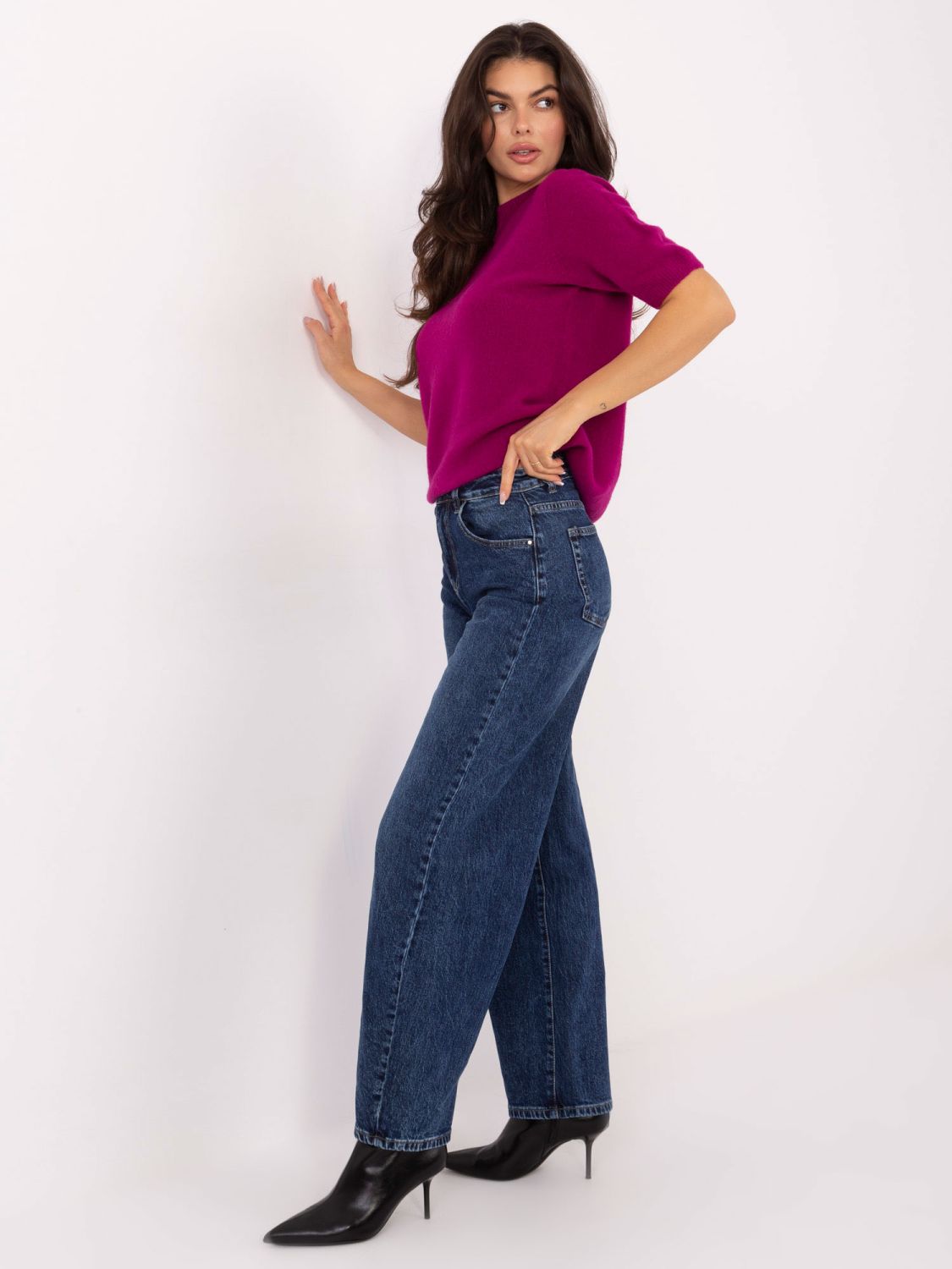 Fuchsiový pletený svetr s krátkým rukávem