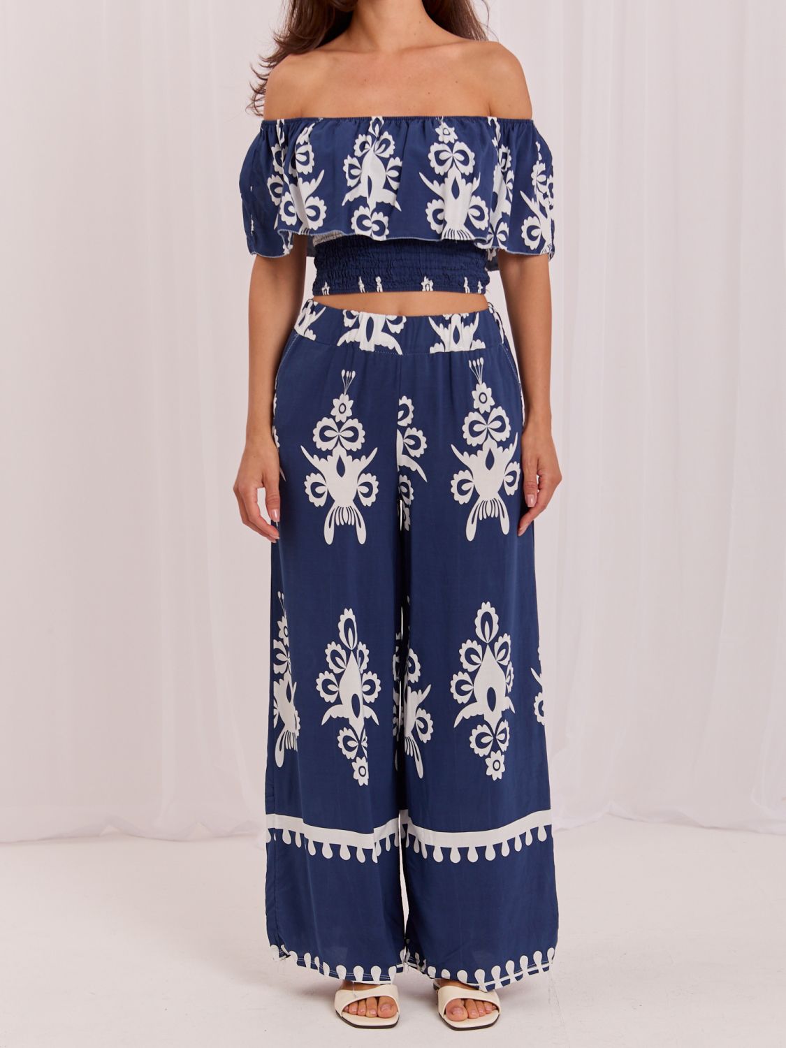 Boho komplet s halenkou a kalhotami, modrý
