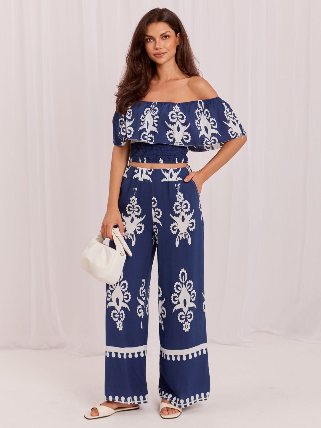 Boho komplet s halenkou a kalhotami, modrý