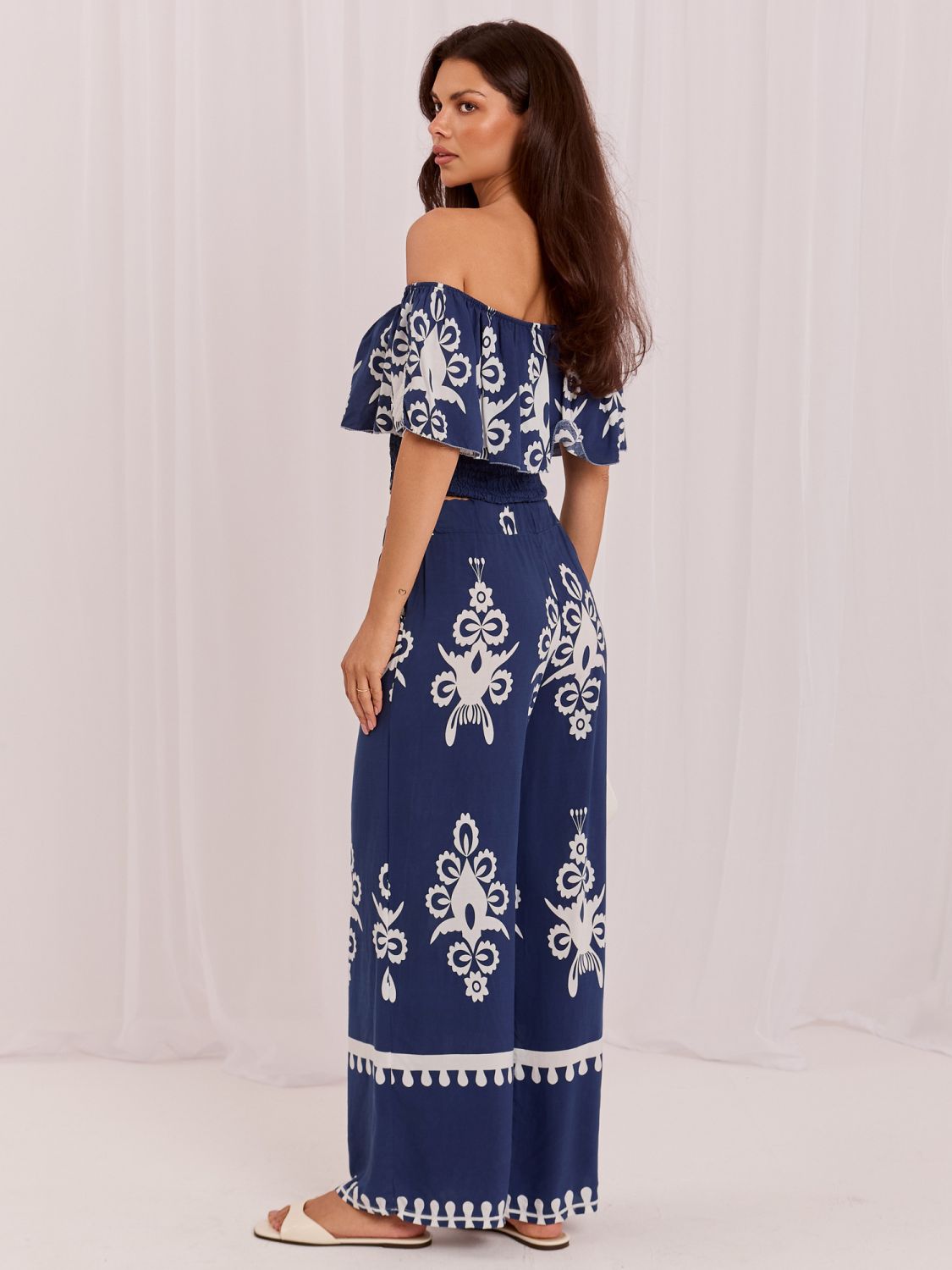 Boho komplet s halenkou a kalhotami, modrý