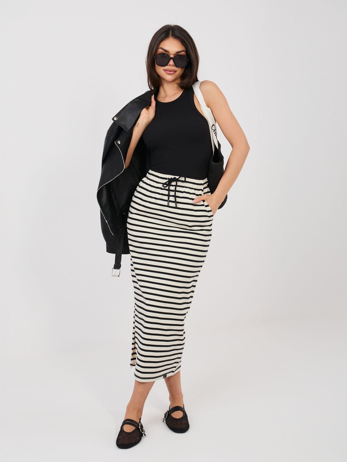 Černá/béžová midi sukně s proužky a kapsami