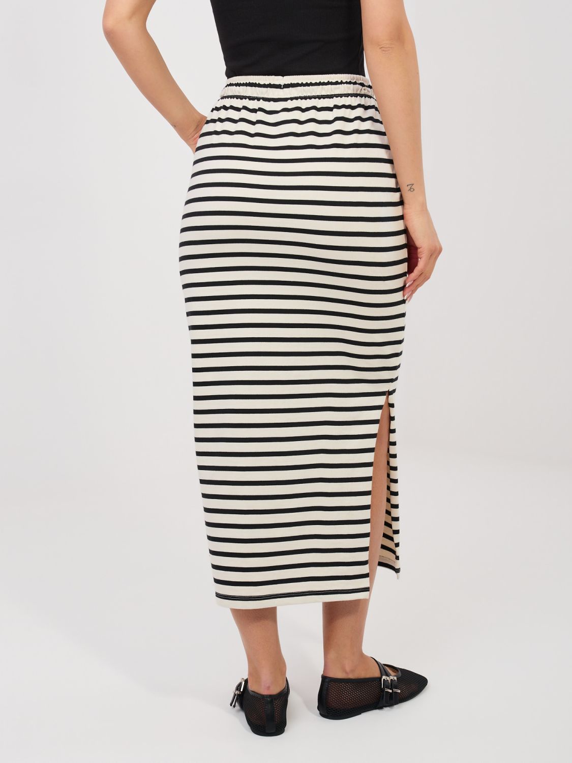 Černá/béžová midi sukně s proužky a kapsami