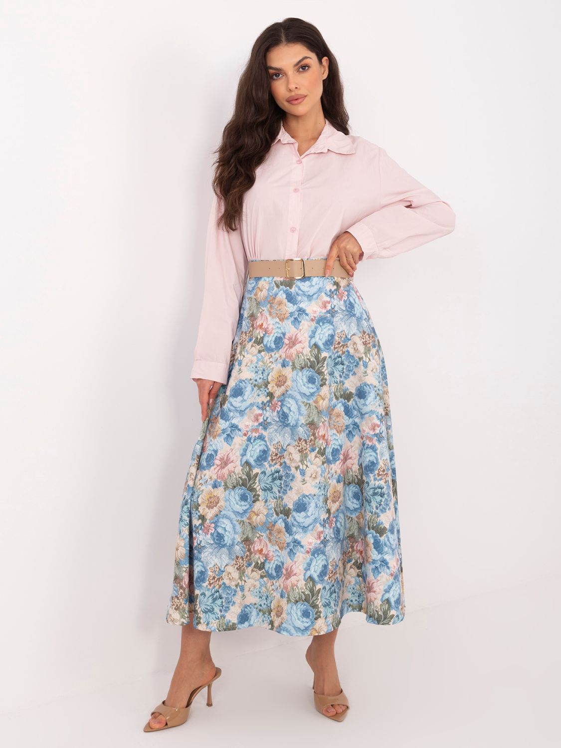 Elegantní midi sukně s květinovým vzorem a páskem, světle modrá