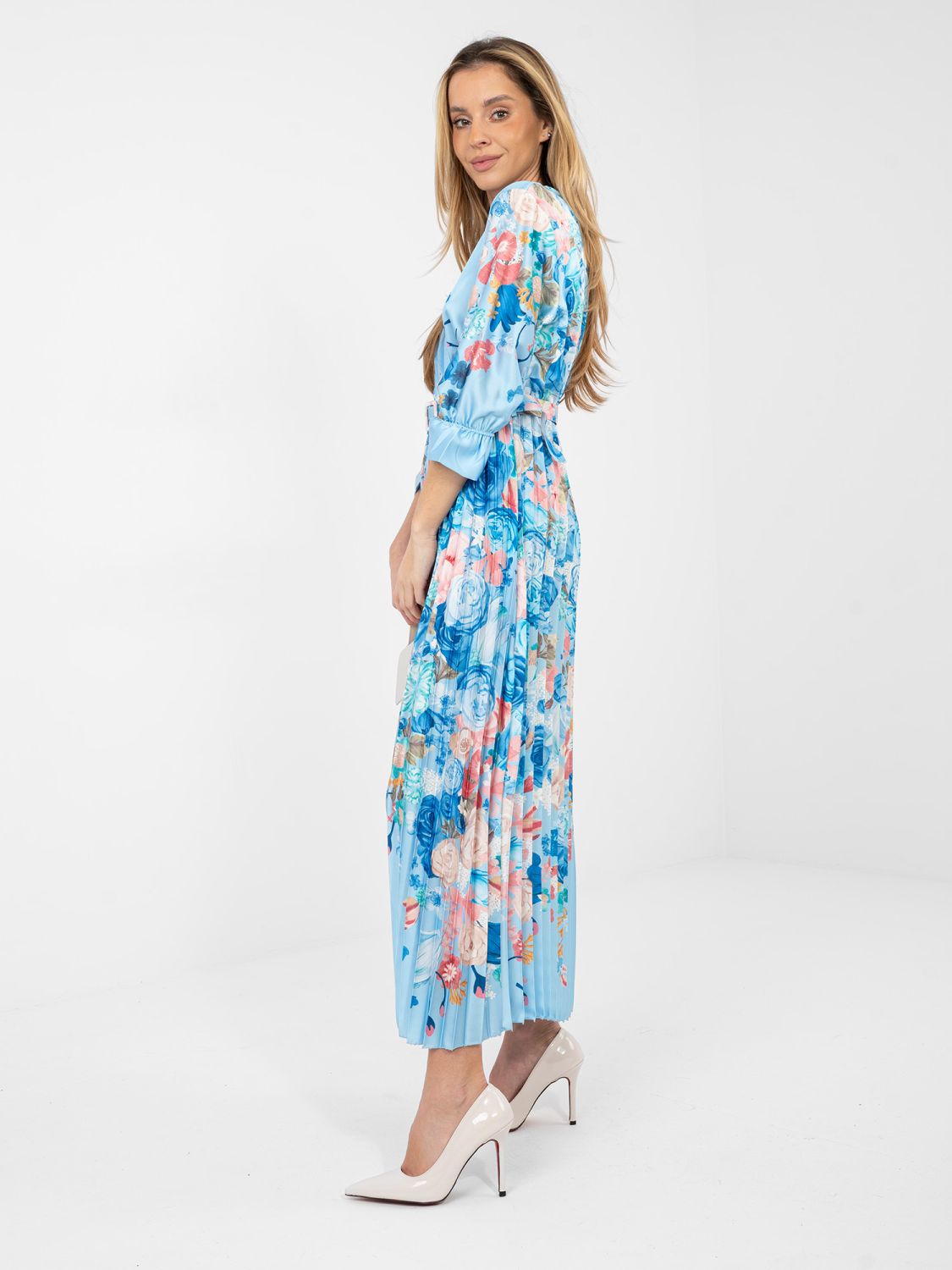 Maxi květinové šaty s páskem, modré