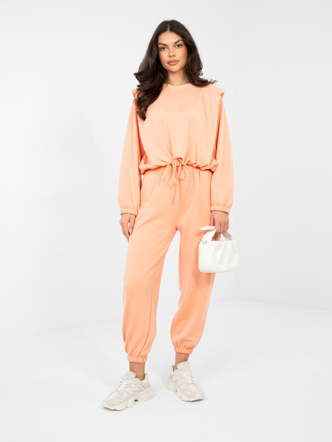 Dámská oranžová souprava s vázáním a dlouhým rukávem