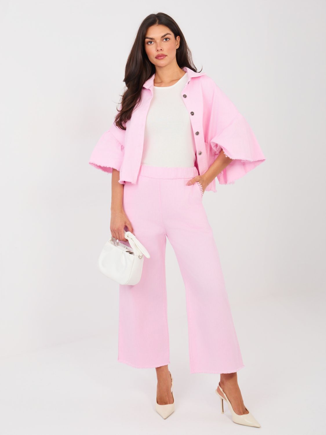 Krátká růžová džínová bunda s volánem