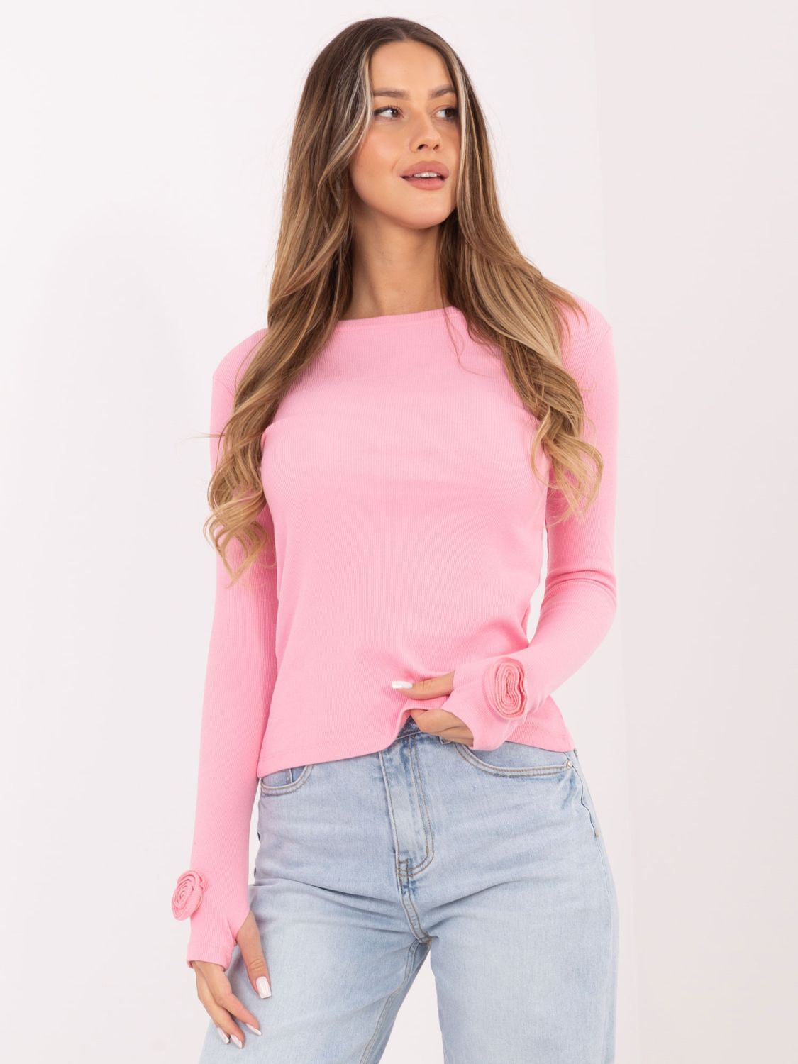 Světle růžová žebrovaná halenka s dlouhým rukávem