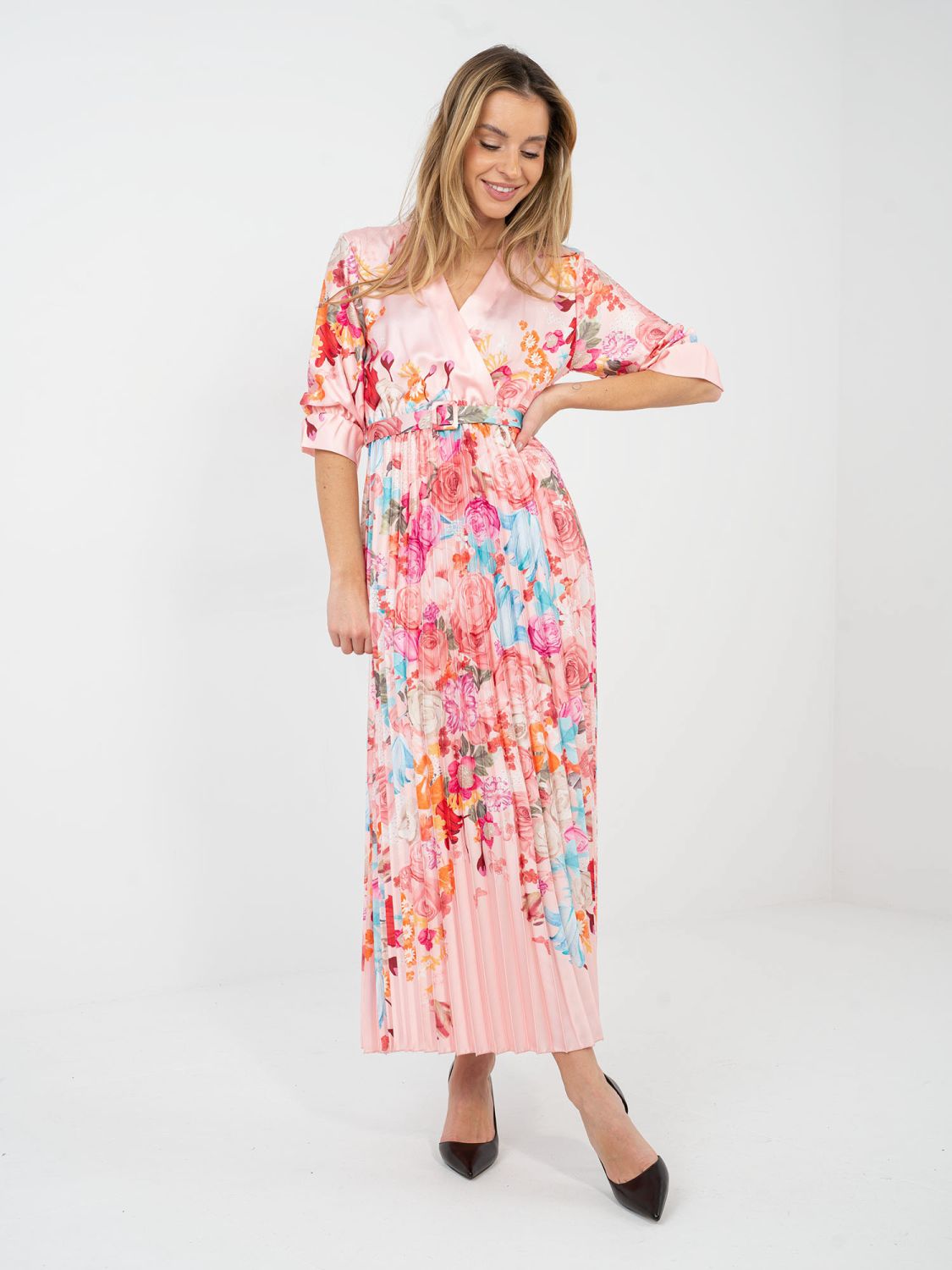 Maxi rozšířené šaty s květinovým vzorem a páskem, růžové