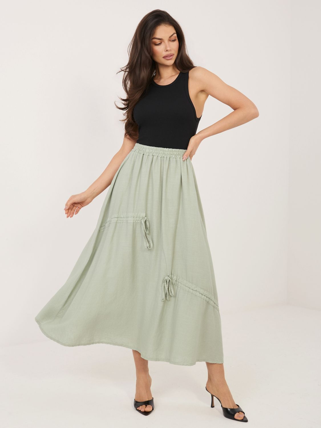 Khaki midi sukně s vázáním