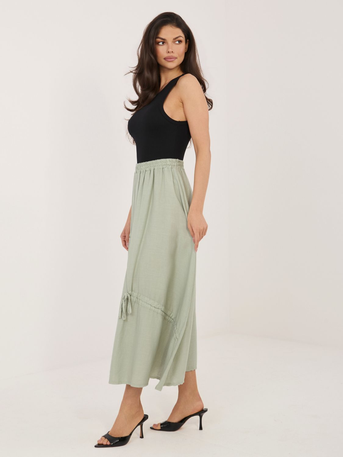 Khaki midi sukně s vázáním