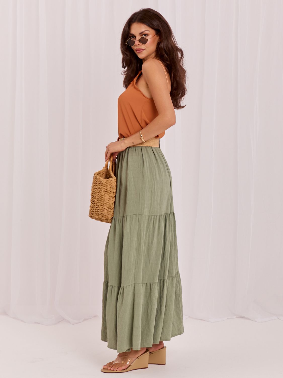 Maxi boho sukně s volánem a páskem, khaki
