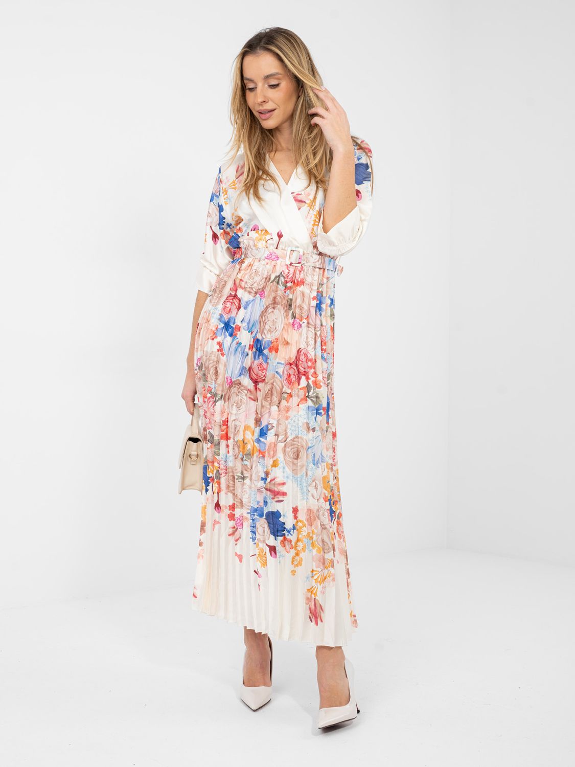 Ecru maxi šaty s květinovým vzorem a páskem