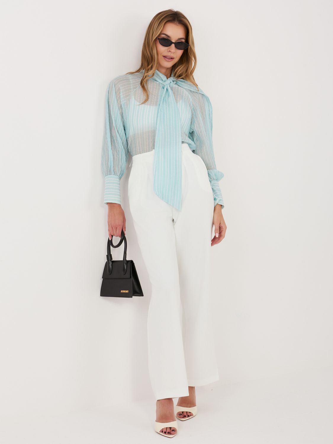 Mátová pruhovaná košile s vázáním a nabíranými rukávy