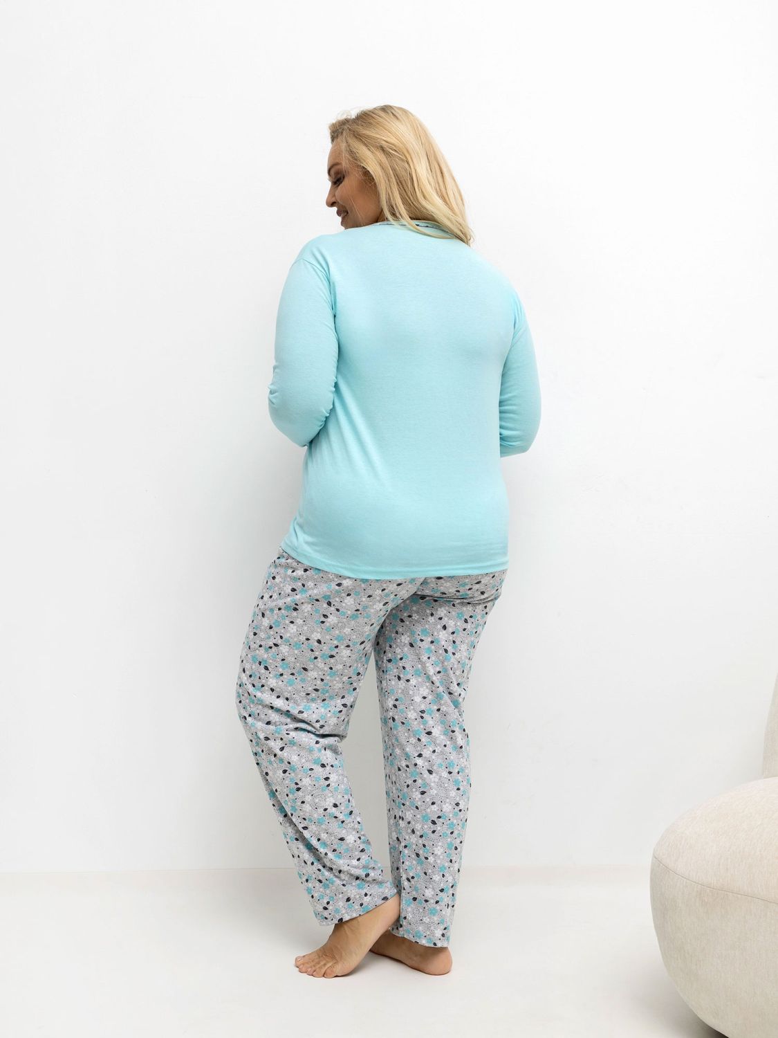 Dámské bavlněné pyžamo s květinovým vzorem a knoflíky, mentolové