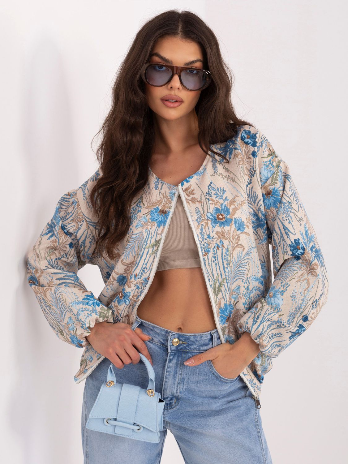 Modrá květovaná bomber bunda bez kapuce