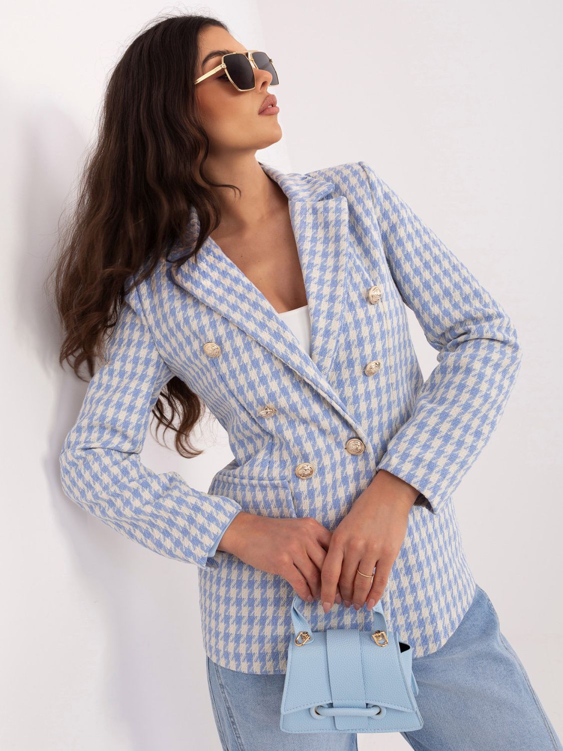 Modré sako s pepitovým vzorem a podšívkou