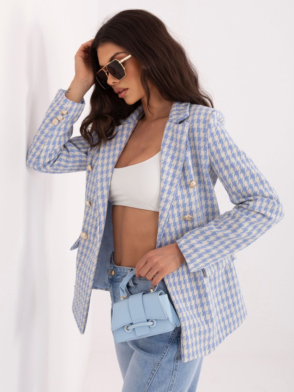 Modré sako s pepitovým vzorem a podšívkou