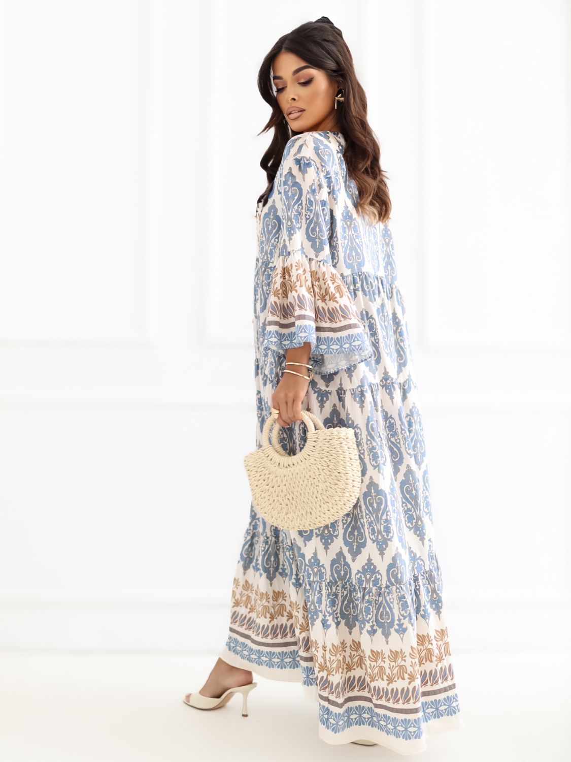 Modré maxi šaty s potiskem a 3/4 rukávy
