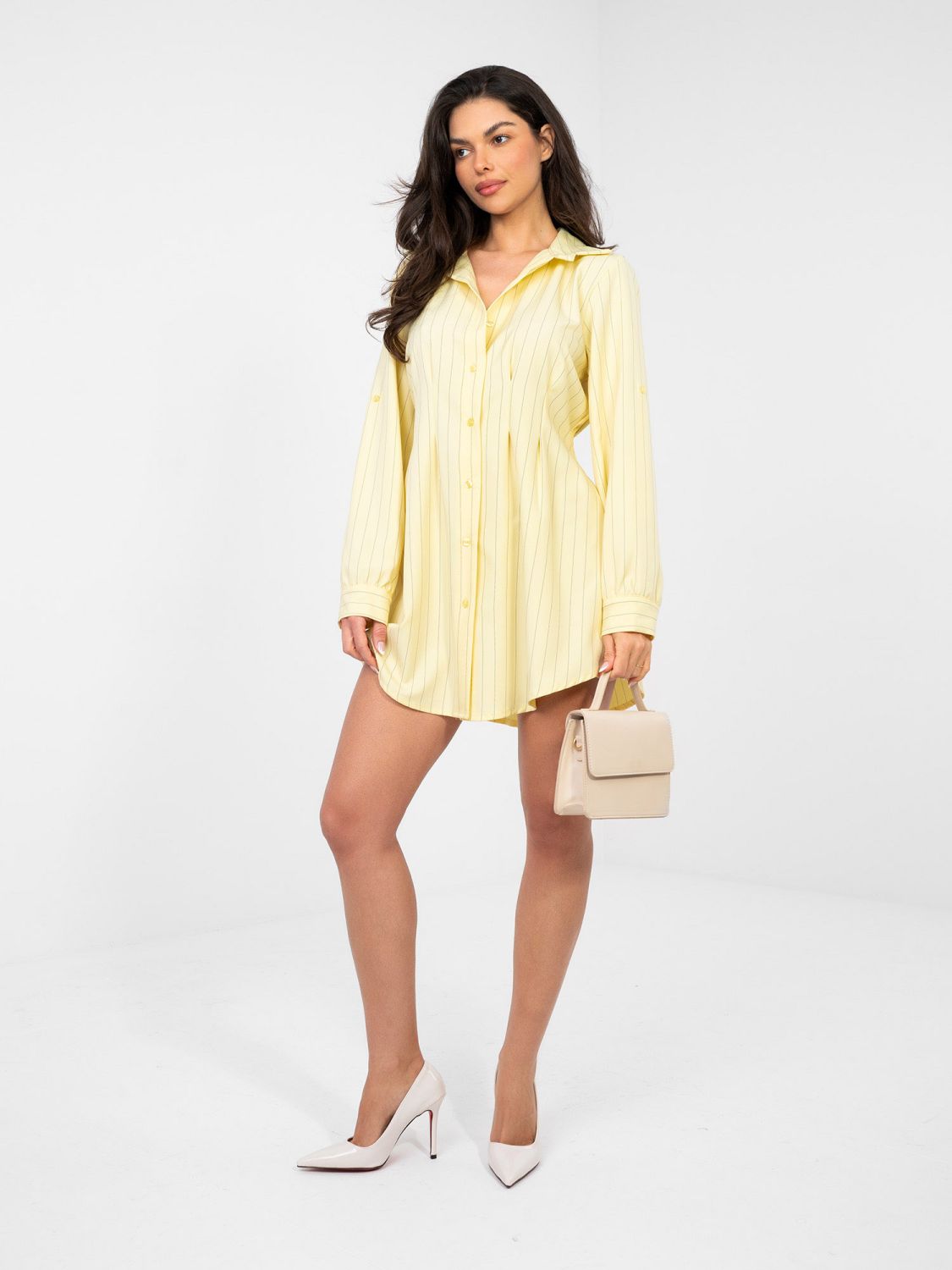 Žluté košilové mini šaty s proužky a límečkem