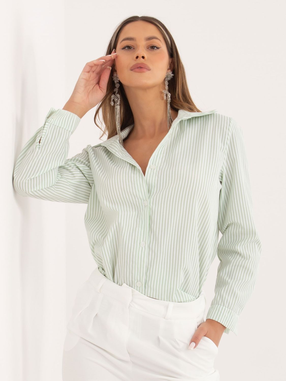 Pistáciová pruhovaná košile s dlouhým rukávem