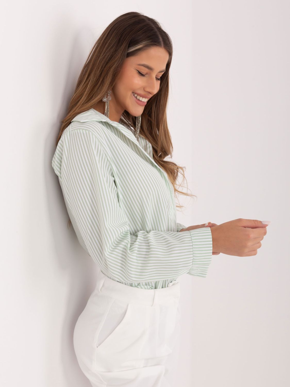 Pistáciová pruhovaná košile s dlouhým rukávem