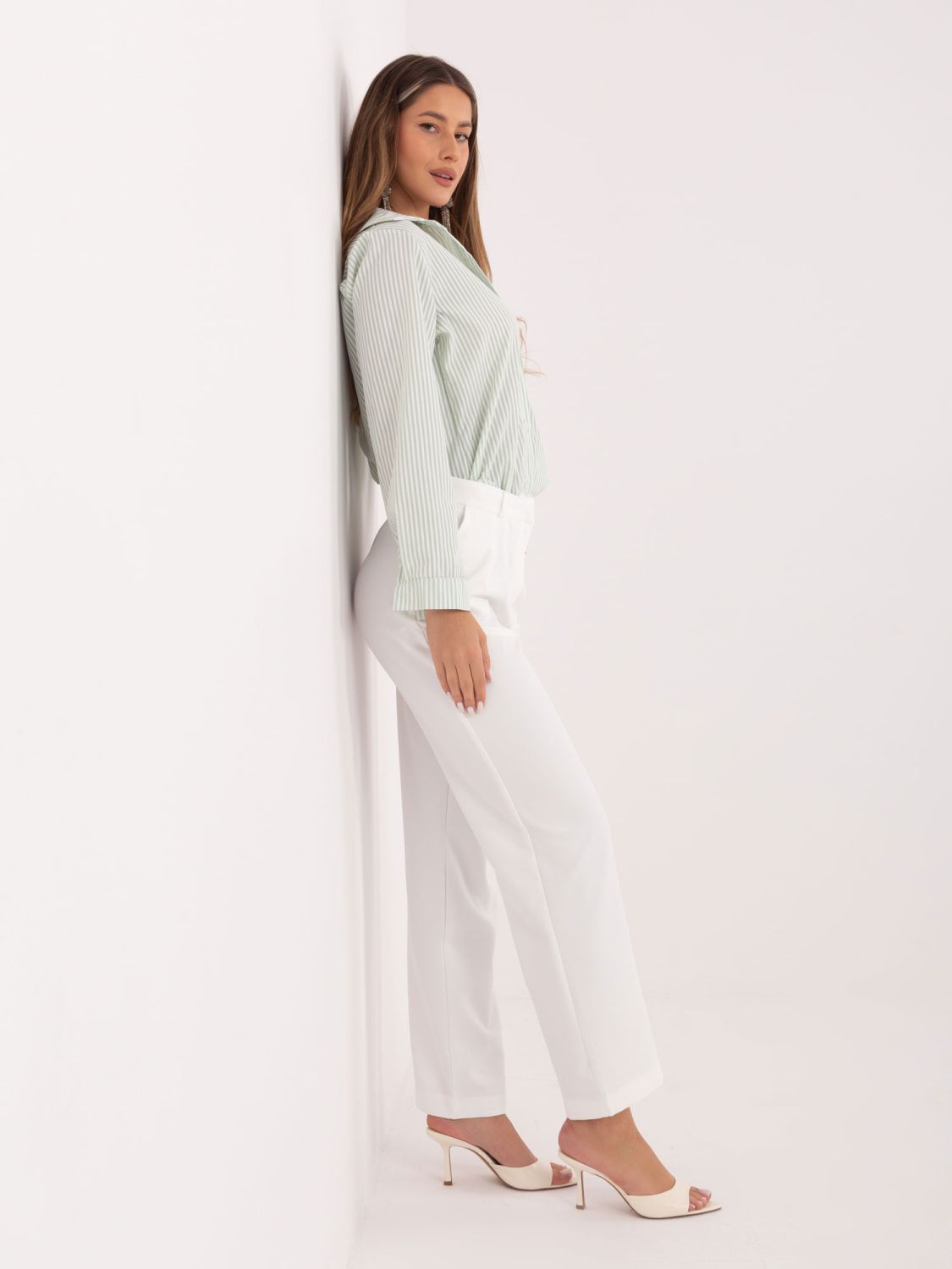 Pistáciová pruhovaná košile s dlouhým rukávem