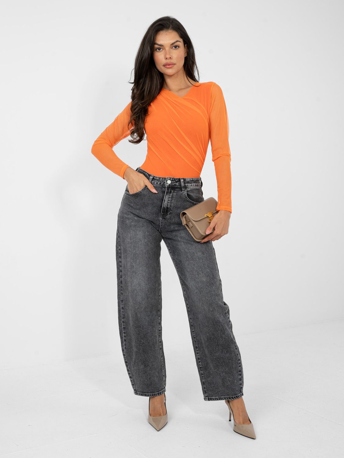 Oranžové elegantní body s dlouhým rukávem a kulatým výstřihem