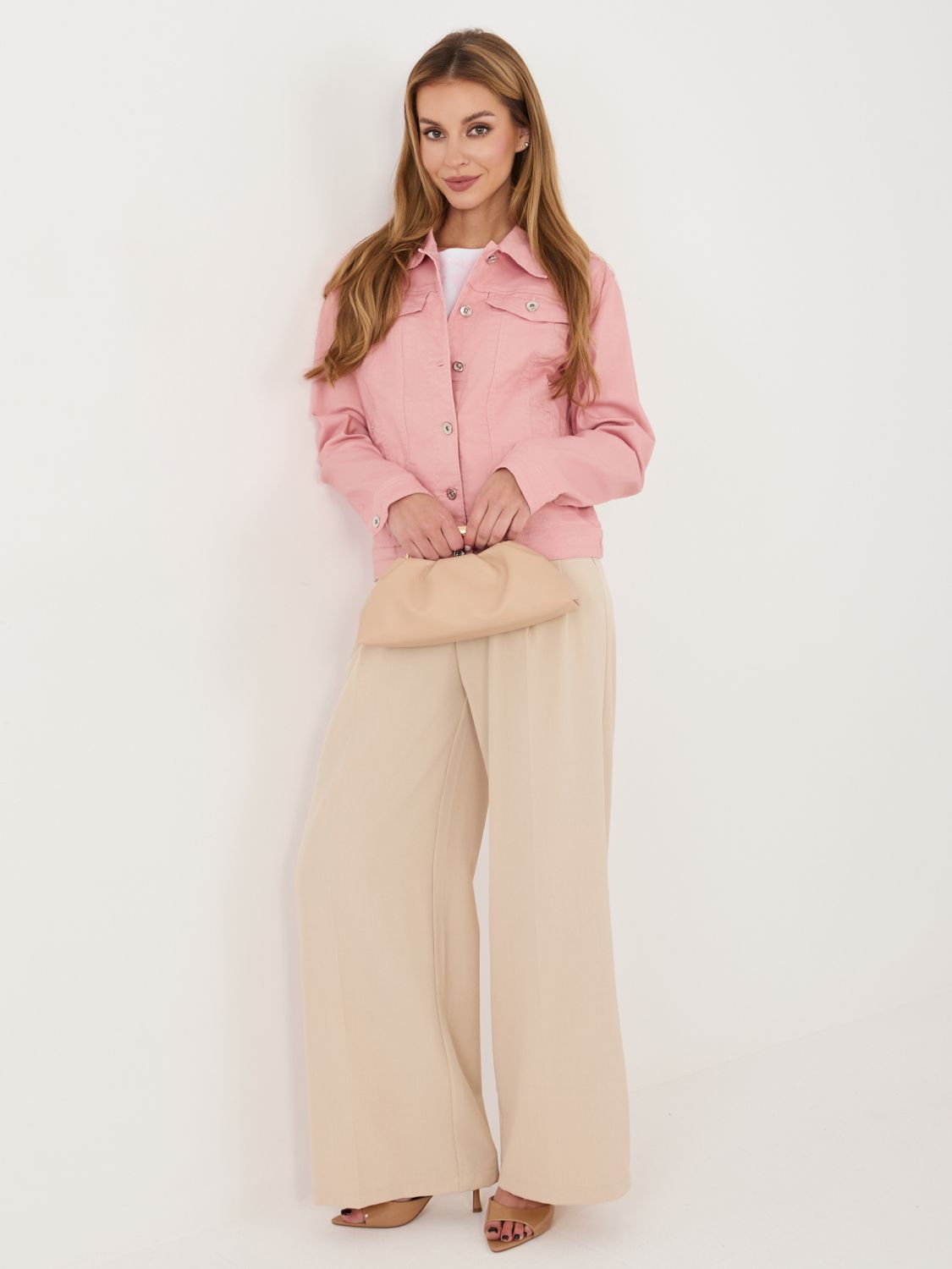 Růžová džínová bunda s límečkem