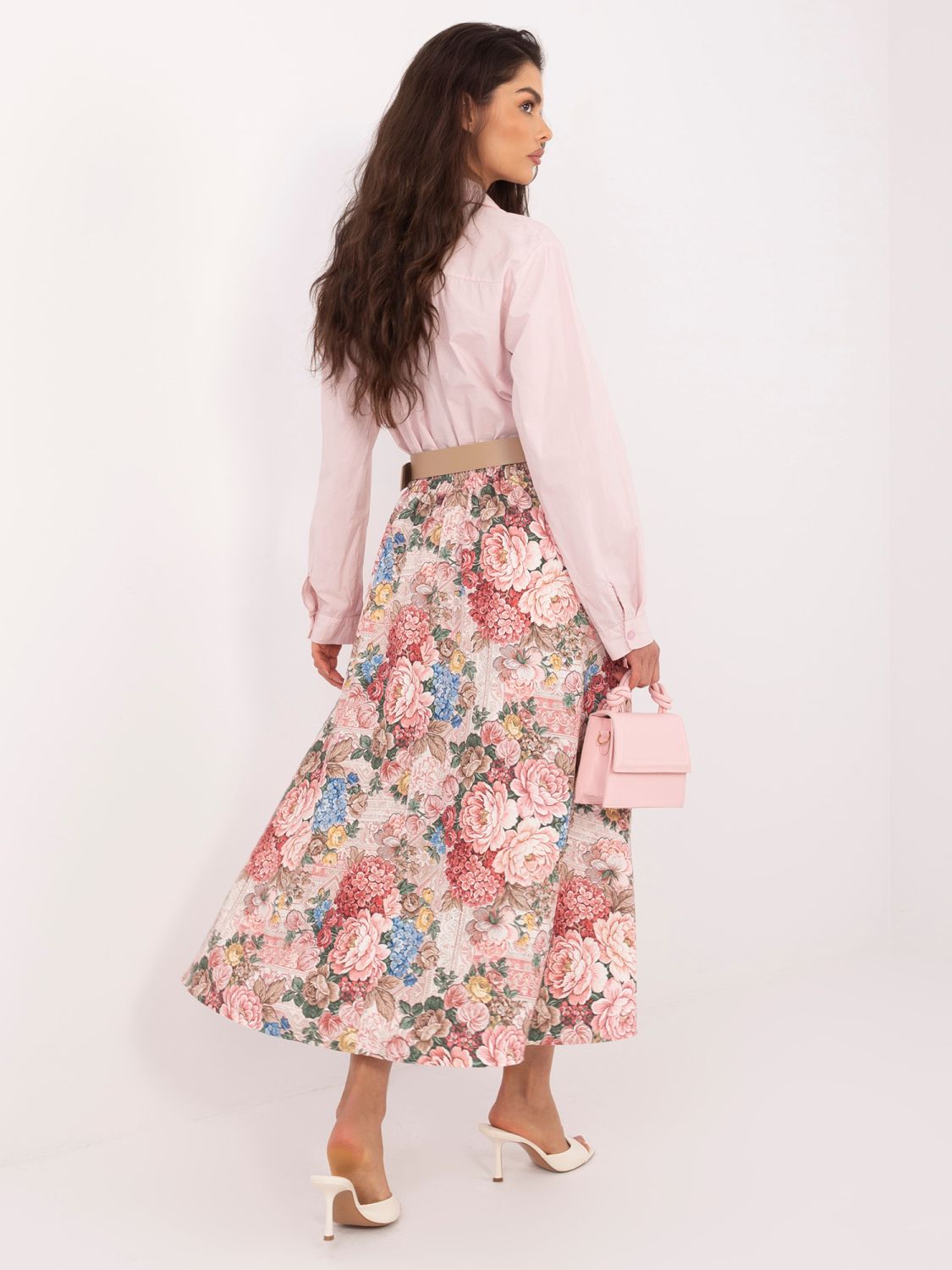 Růžová midi sukně s květinovým vzorem a páskem