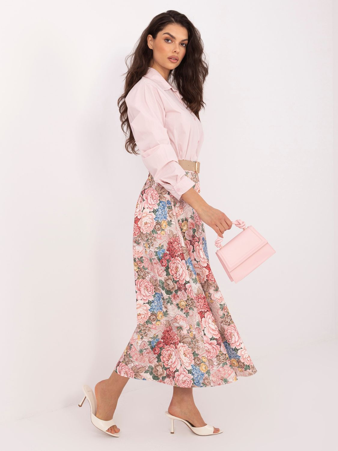 Růžová midi sukně s květinovým vzorem a páskem