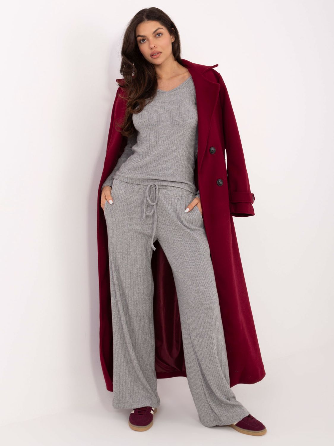 Šedé široké žebrované kalhoty s vysokým pasem