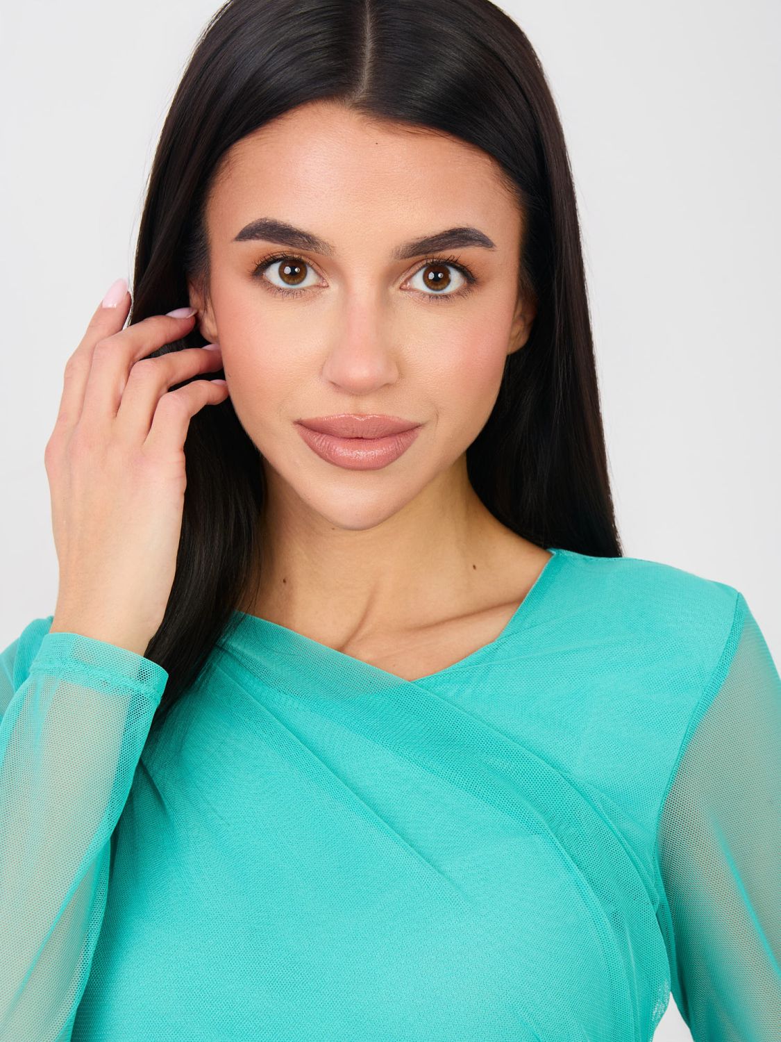 Elegantní tyrkysové body s dlouhým rukávem a kulatým výstřihem