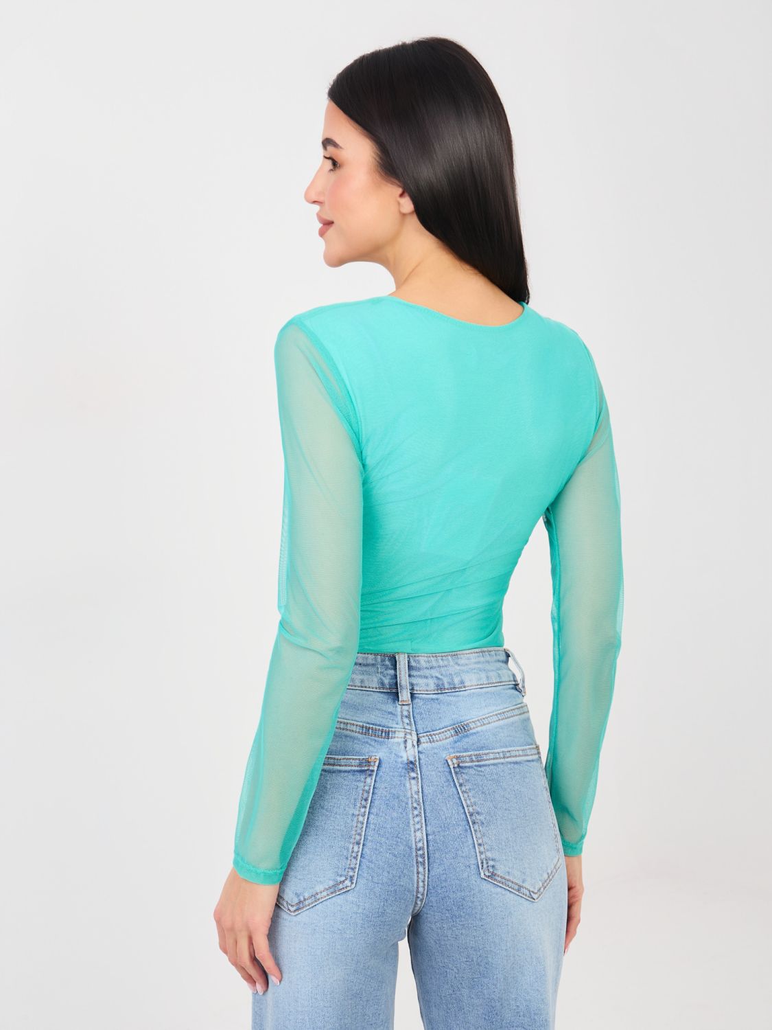 Elegantní tyrkysové body s dlouhým rukávem a kulatým výstřihem
