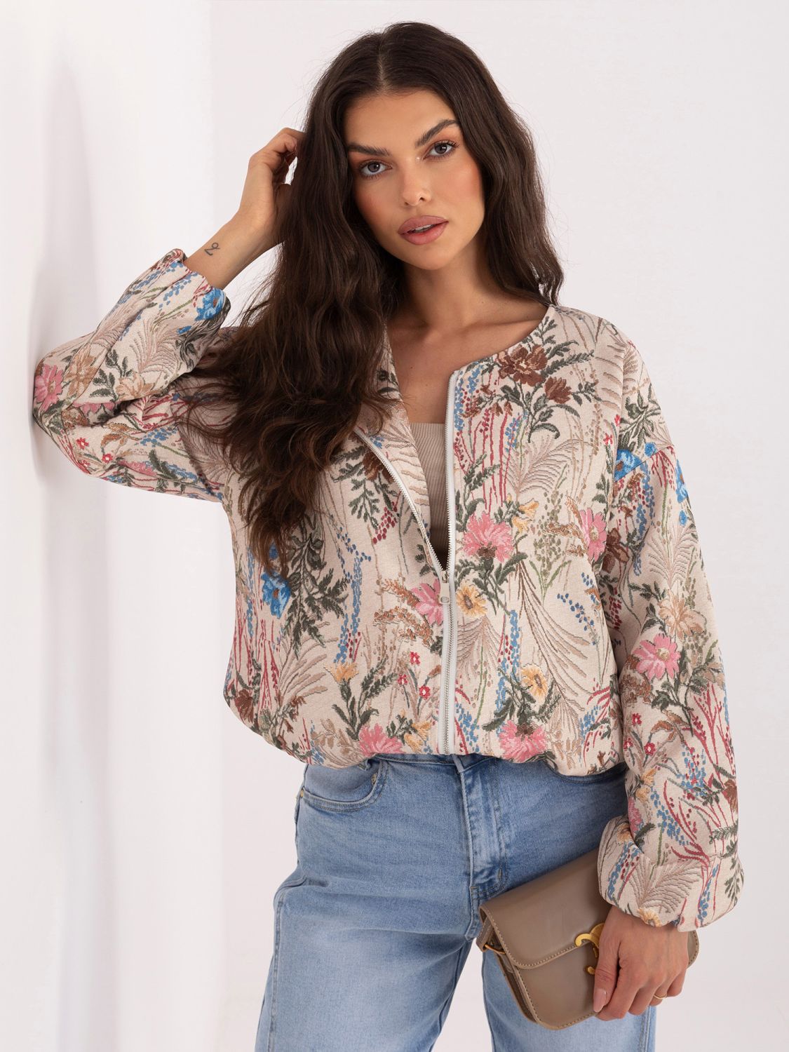 Zelená květinová bomber bunda s podšívkou