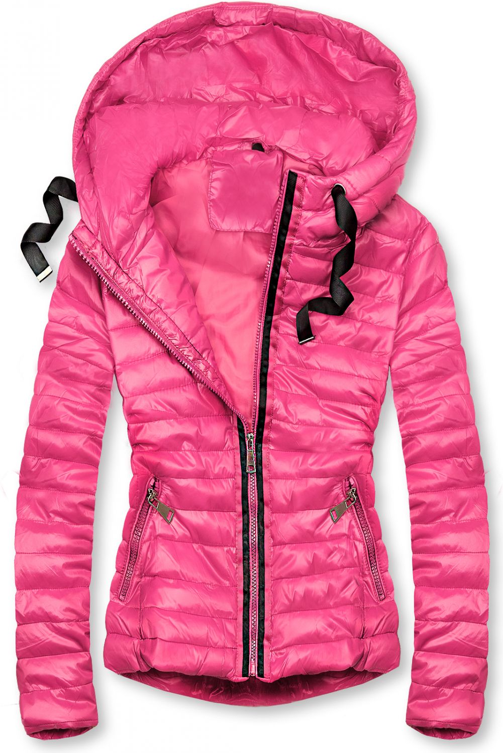 Růžová prošívaná lesklá bunda