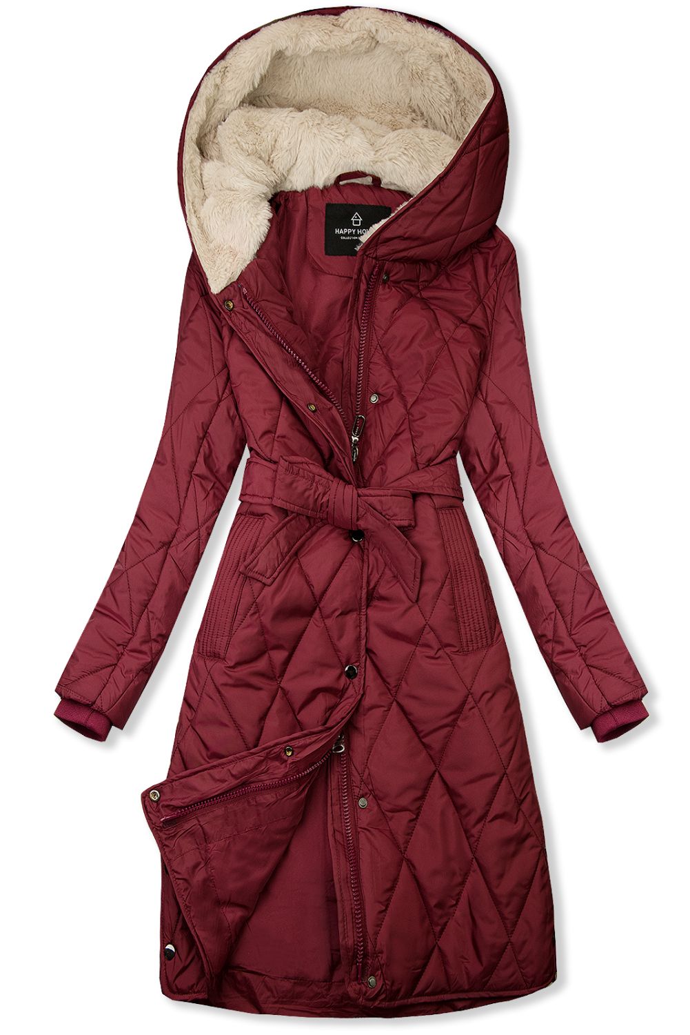 Vínově červená prošívaná bunda s páskem