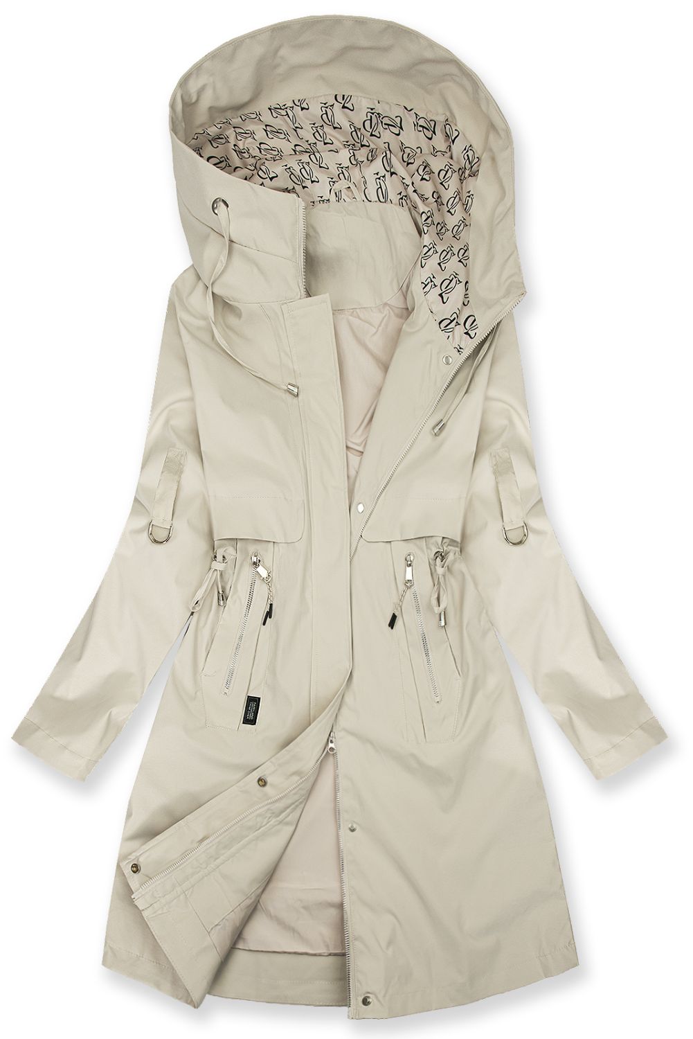 Prodloužená parka s potiskem v kapuci ecru