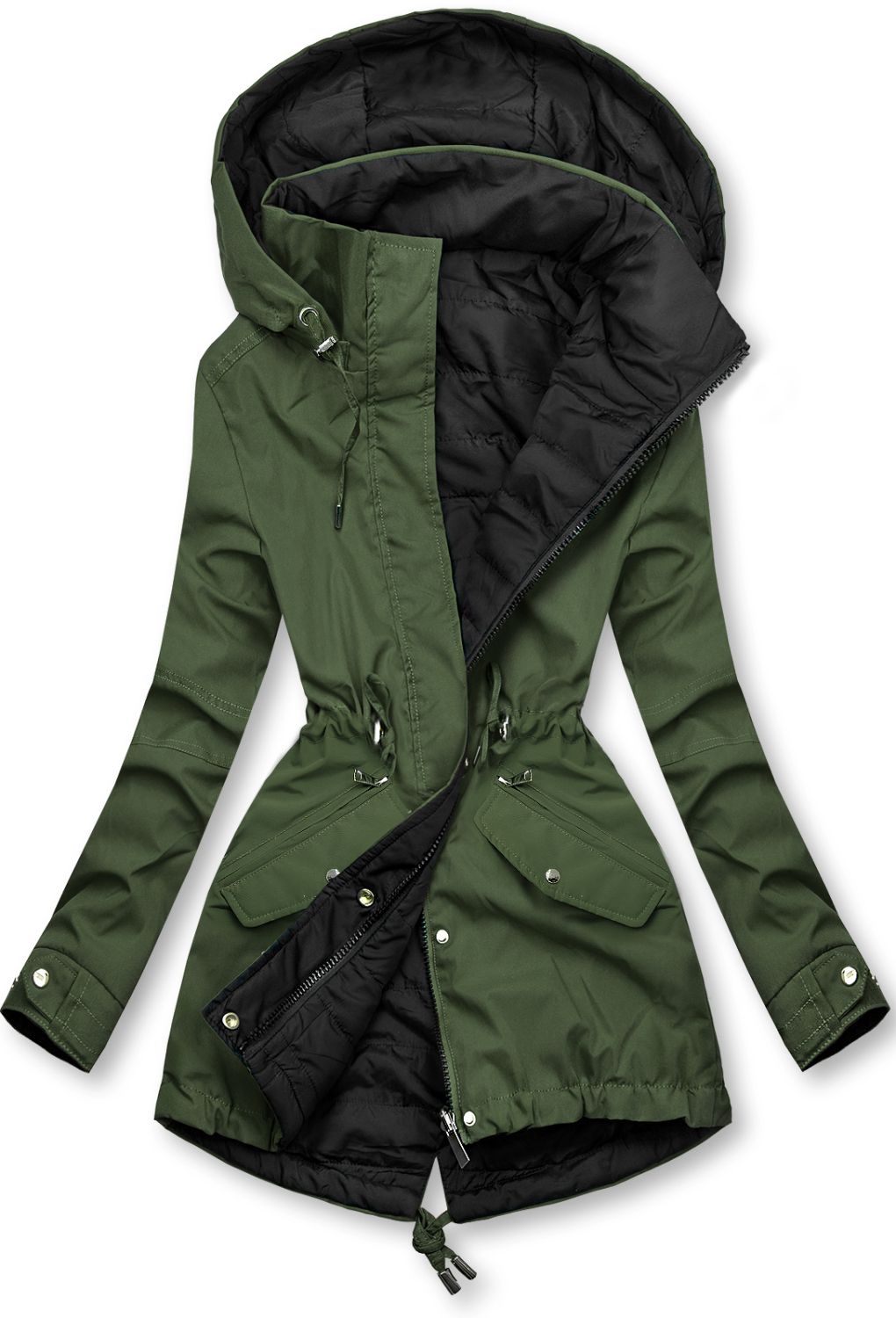 Přechodná oboustranná parka s kapucí khaki/černá