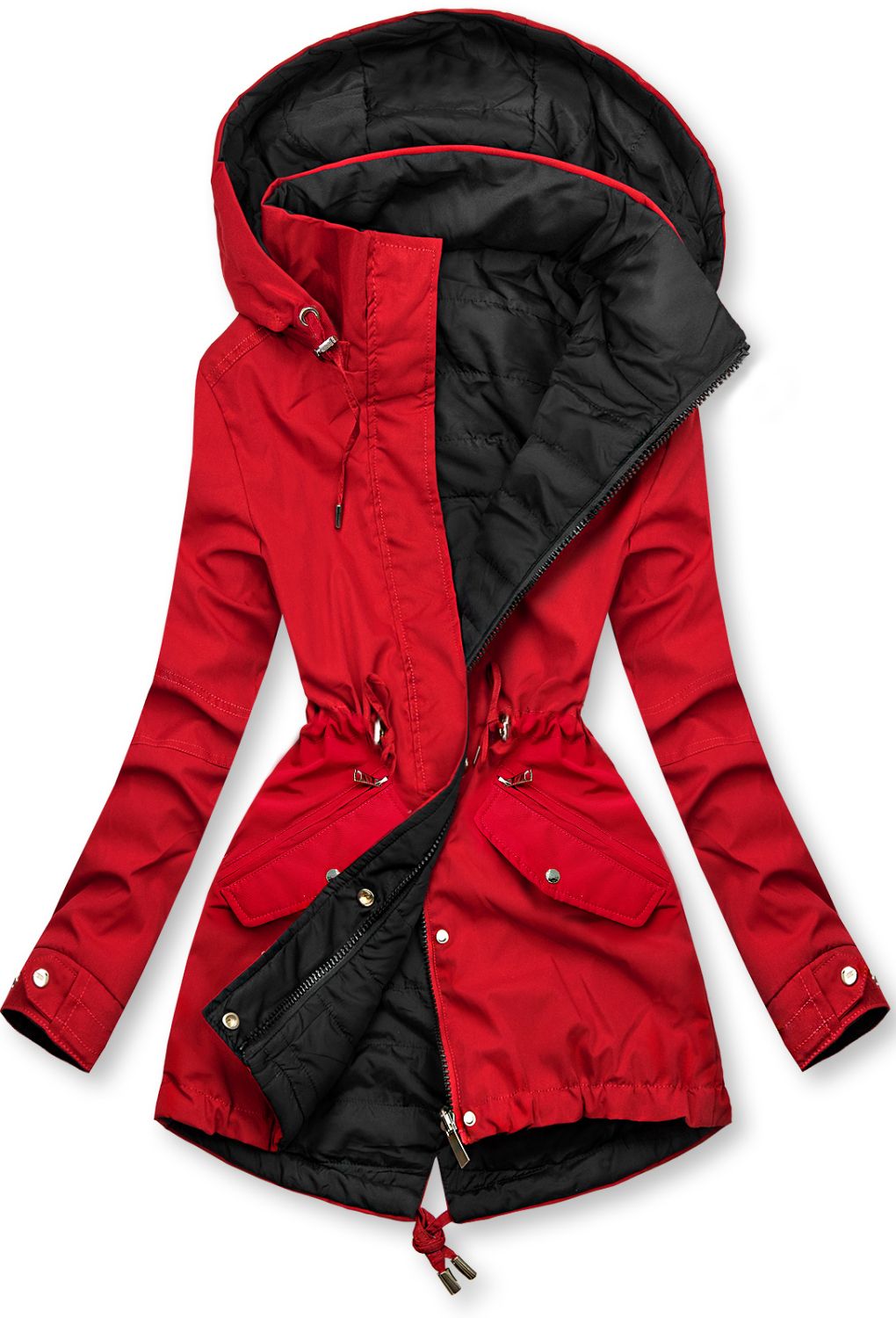 Přechodná oboustranná parka s kapucí červená/černá