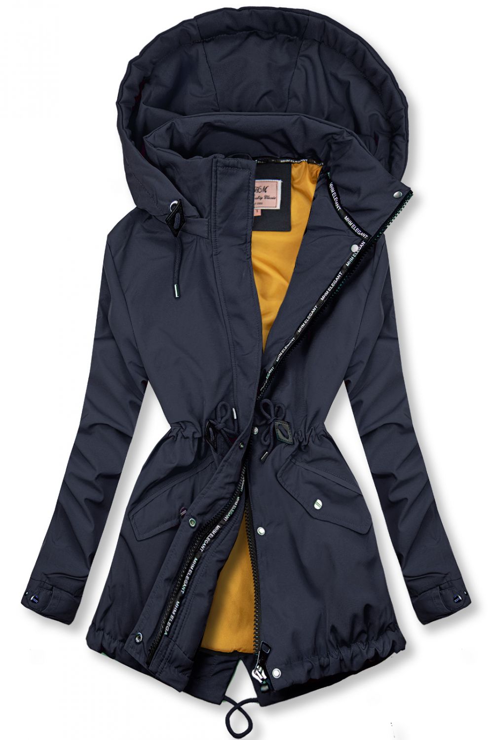 Tmavě modrá přechodná parka se žlutou podšívkou