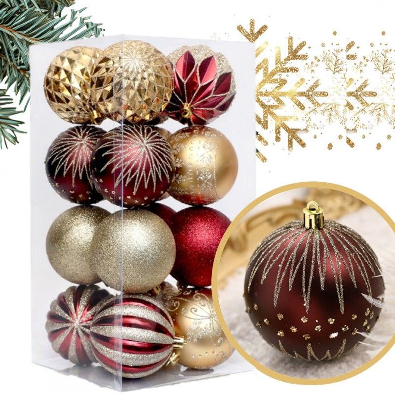 Ozdoby na stromeček zlatá/bordó, 8 cm, 16 kusů