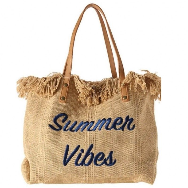 Plážová taška SUMMER VIBES s třásněmi přírodní