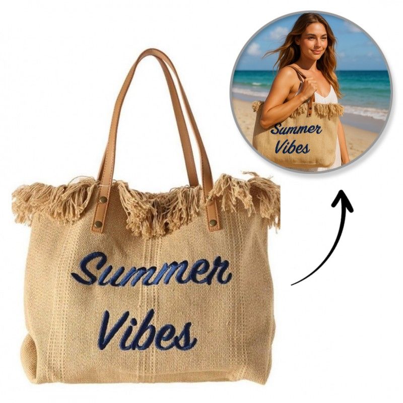 Plážová taška SUMMER VIBES s třásněmi přírodní