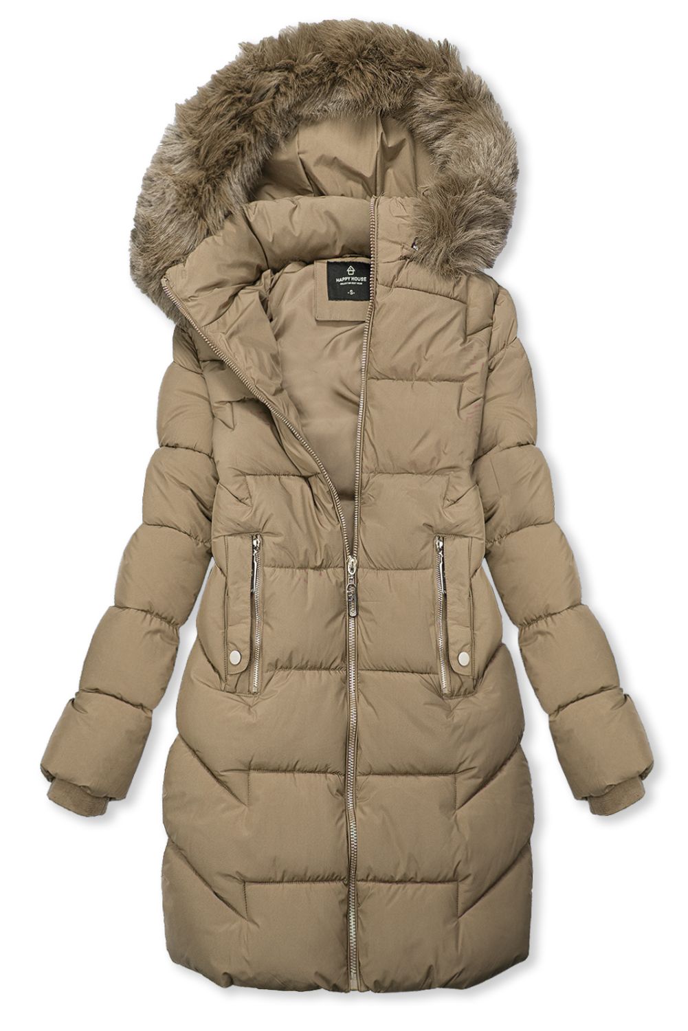 Béžová zimní prošívaná bunda s kožešinou
