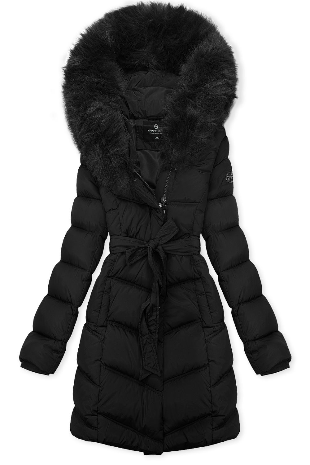 Černá zimní bunda s páskem a kožešinou