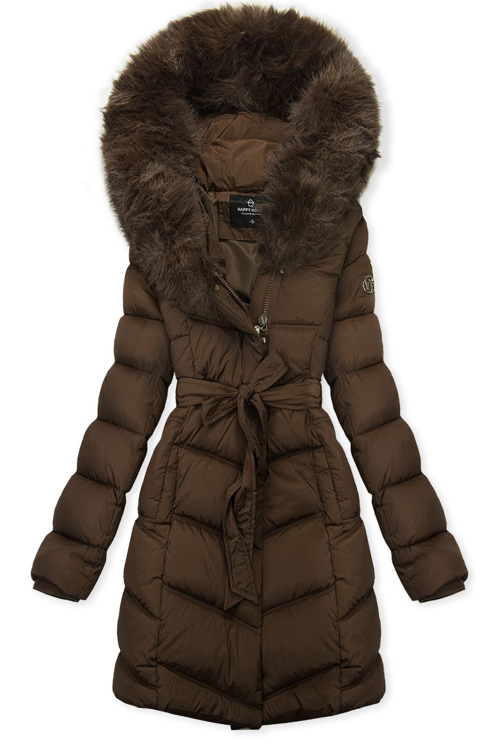 Čokoládově hnědá zimní bunda s páskem a kožešinou