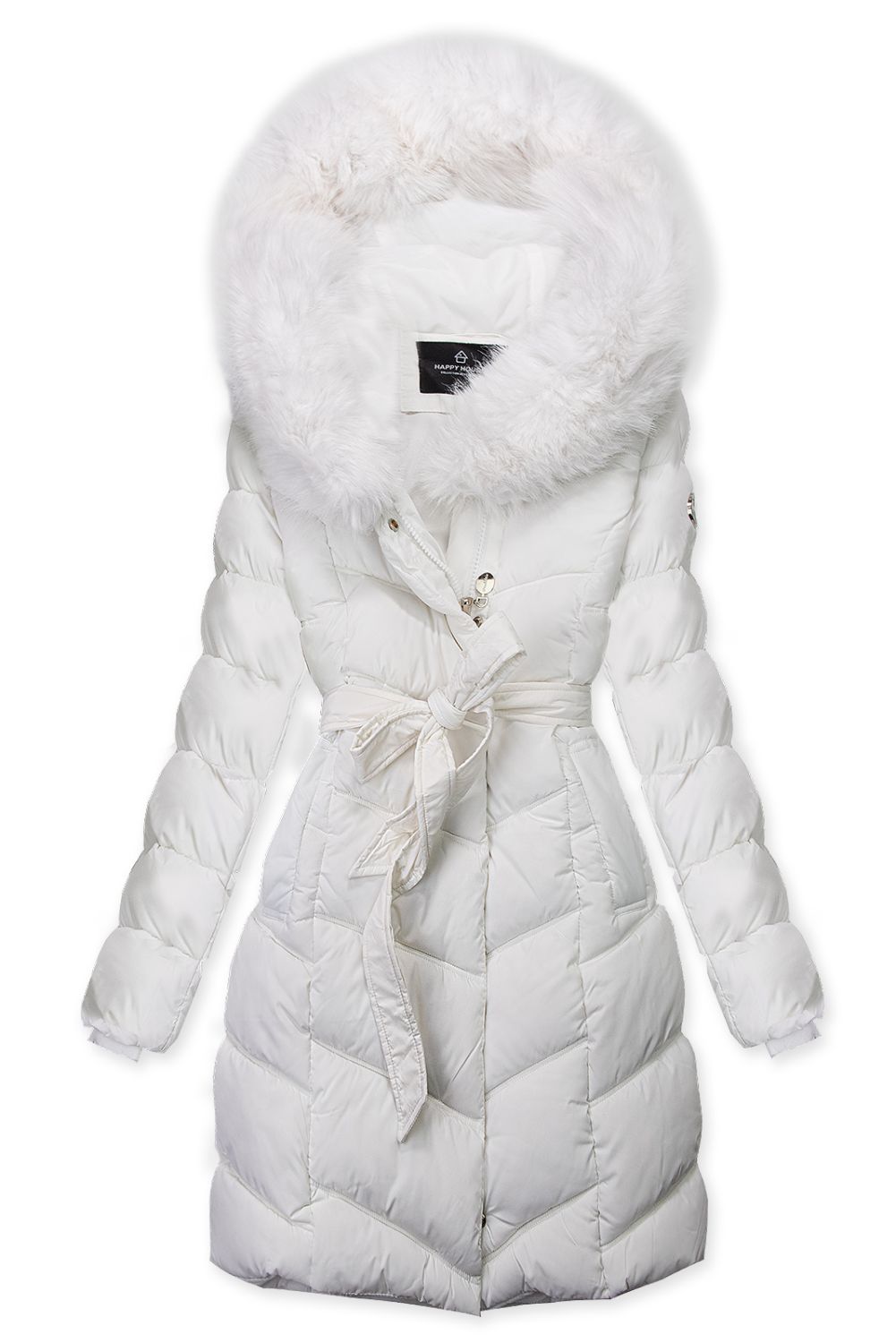 Bílá zimní bunda s páskem a kožešinou