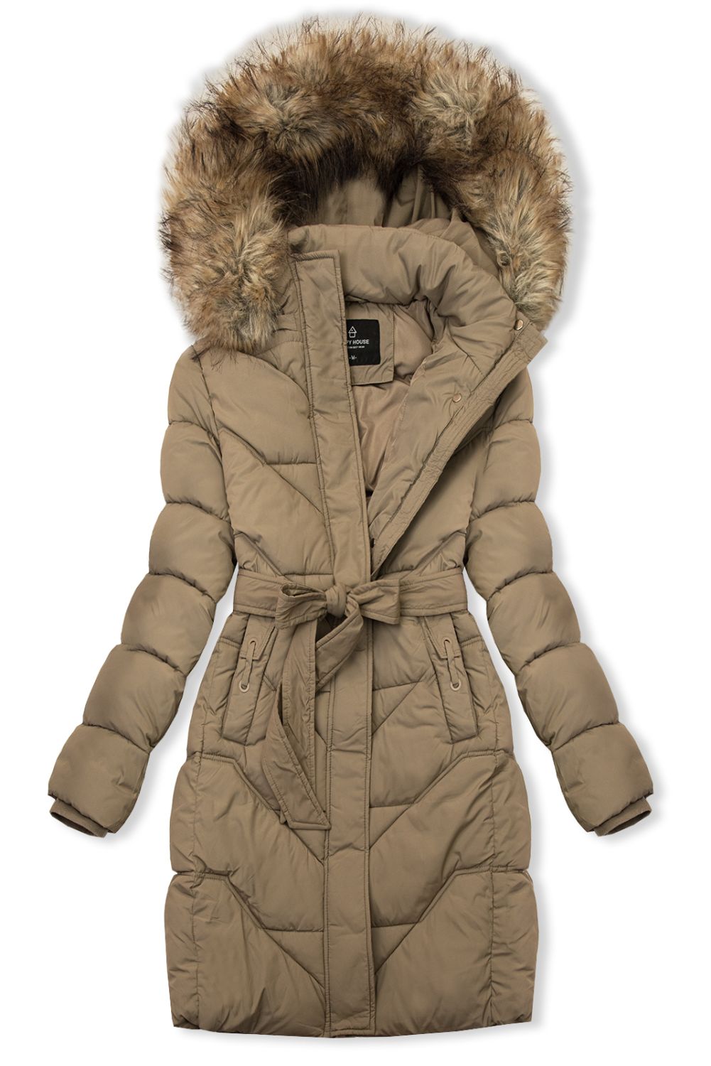 Elegantní zimní bunda s kožešinou, kávově hnědá